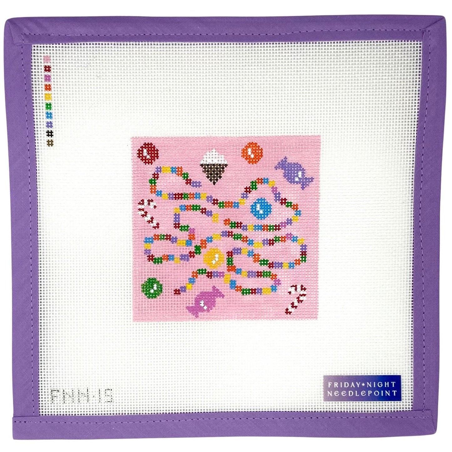Needlepoint canvas with a colorful design on a purple border, Candyland inspired candy candy cane ice cream featuring the brand 'Friday Night Needlepoint