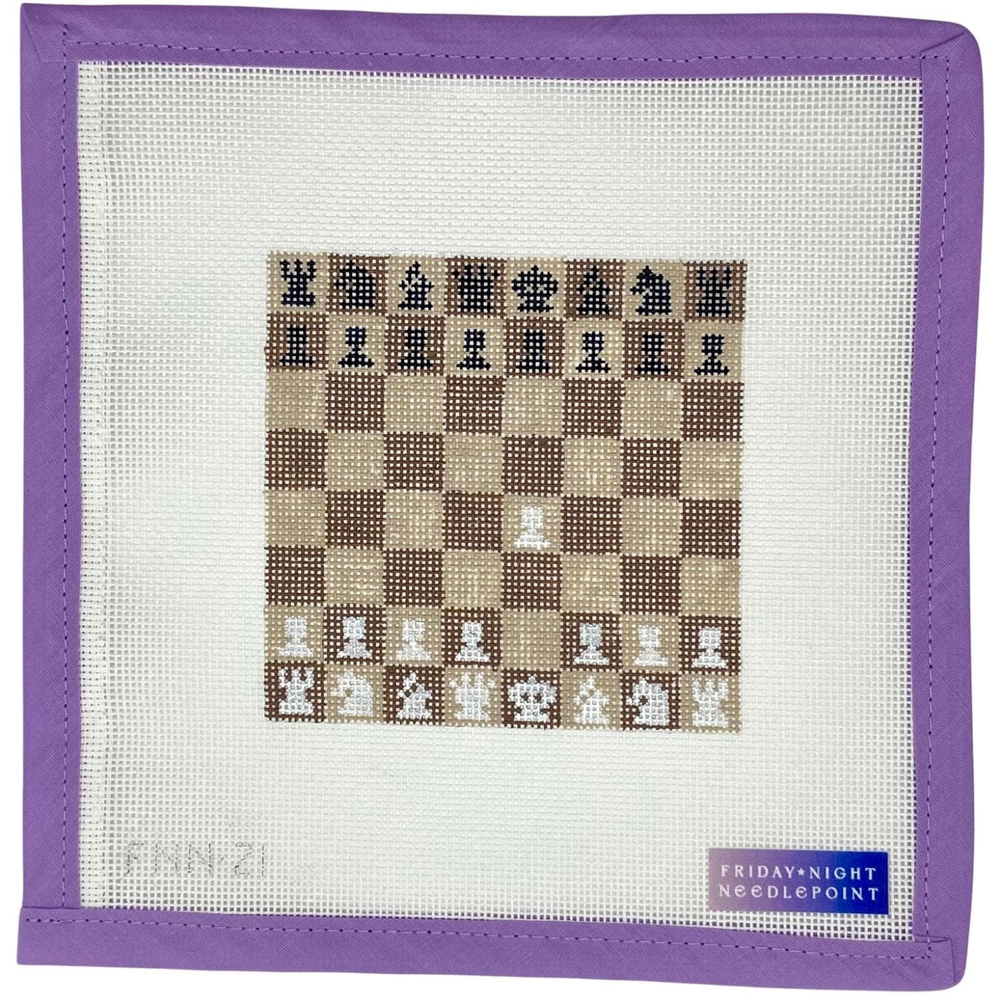 Needlepoint chess brown with queen and king pawn pieces pattern on a mesh fabric with a purple border, featuring the brand 'Friday Night Needlepoint'.