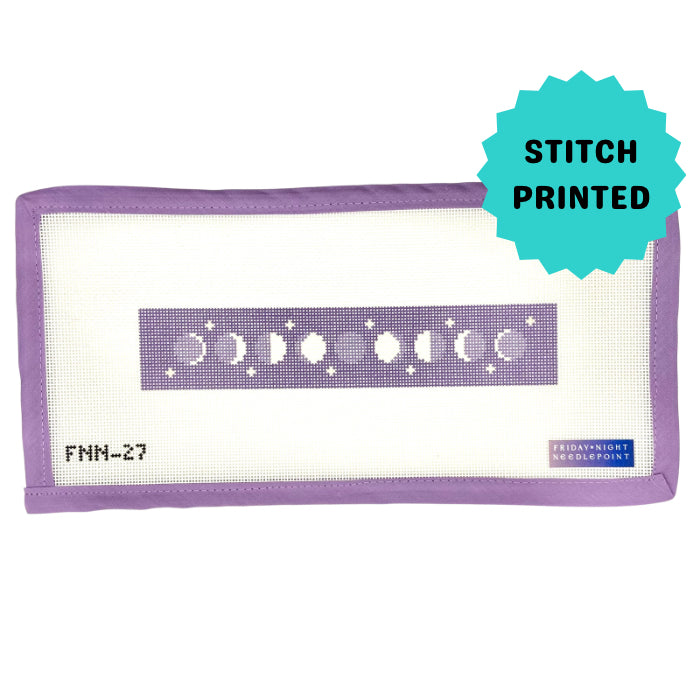 Purple and white needlepoint canvas key fobwith lunar moon phase design