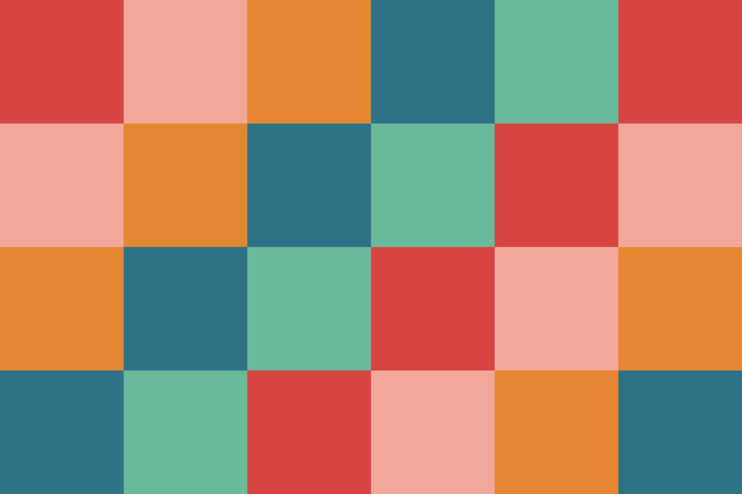 Colorful checkered pattern with squares in red, orange, green, and blue needlepoint canvas