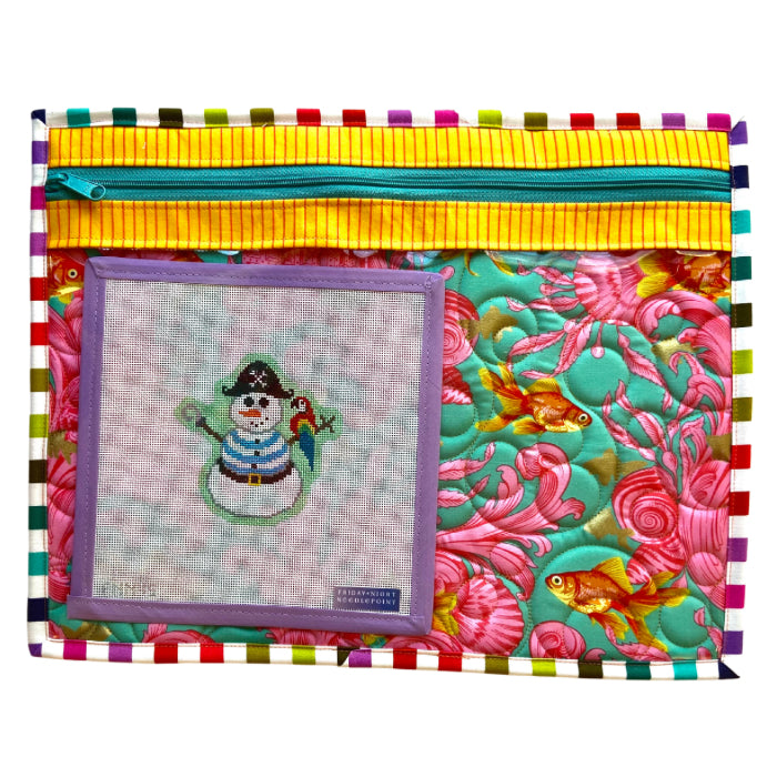 Colorful fabric pouch with a snowman design and floral pattern needlepoint project bag fish bowl quilted bubbles