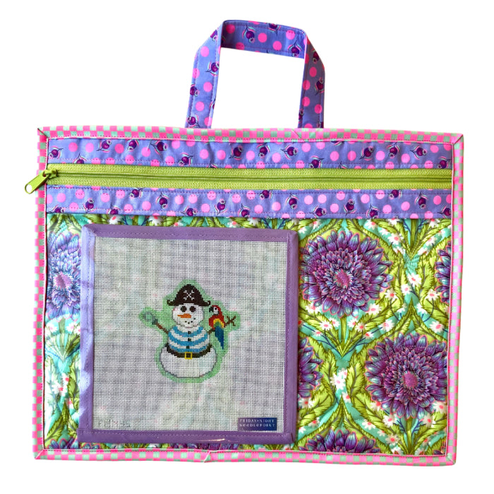 Needlepoint project bag featuring quilted daisy design and snowman canvas