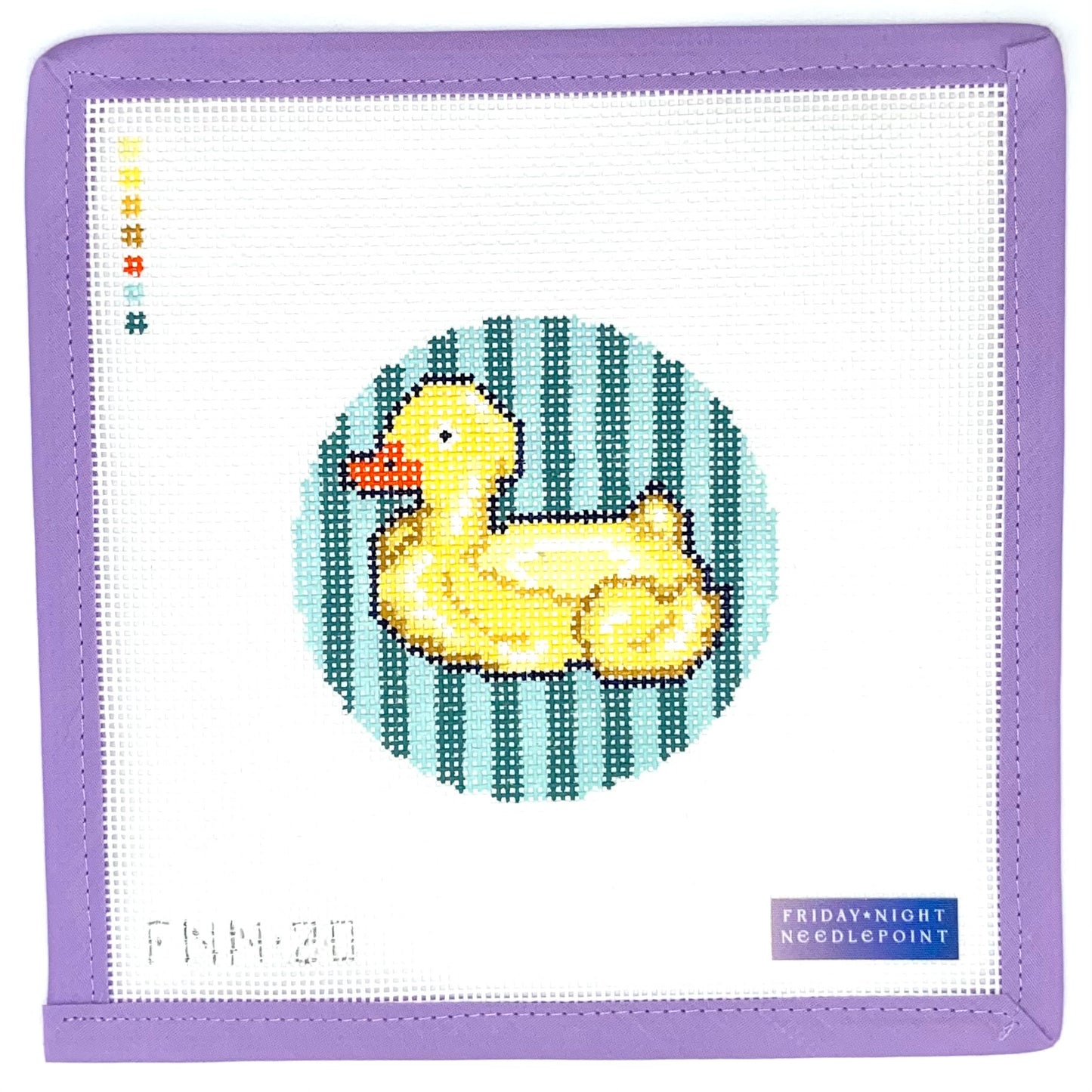 needlepoint canvas with a yellow rubber duck design on a white background