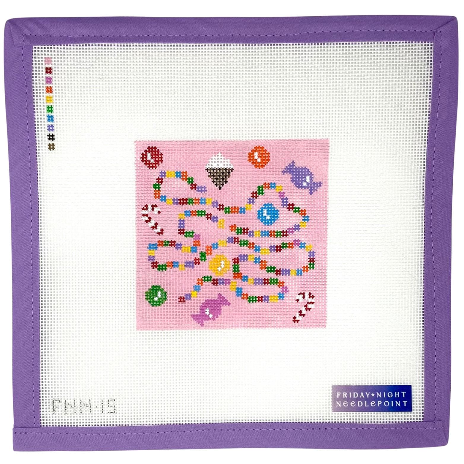 Needlepoint canvas with a colorful design on a purple border, Candyland inspired candy candy cane ice cream featuring the brand 'Friday Night Needlepoint