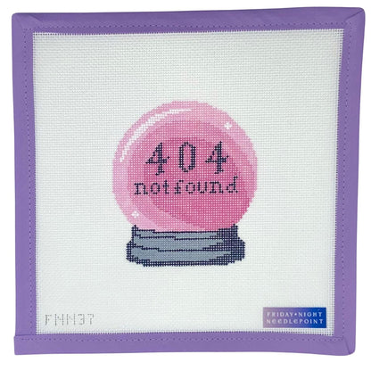 Needlepoint design of a pink crystal ball with '404 not found' text on a white background with purple border.
