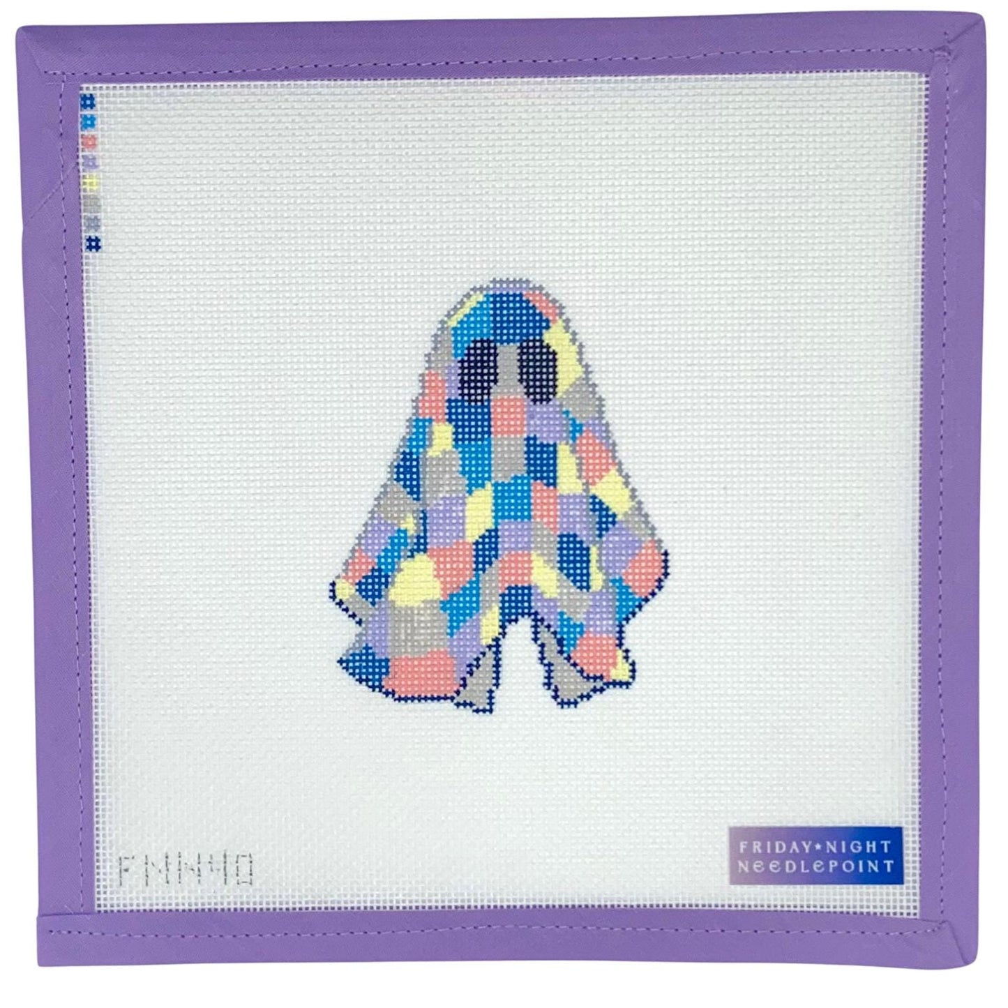 Colorful abstract quilt quilted ghost design on a needlepoint canvas with purple border and 'Friday Night Needlepoint' branding.