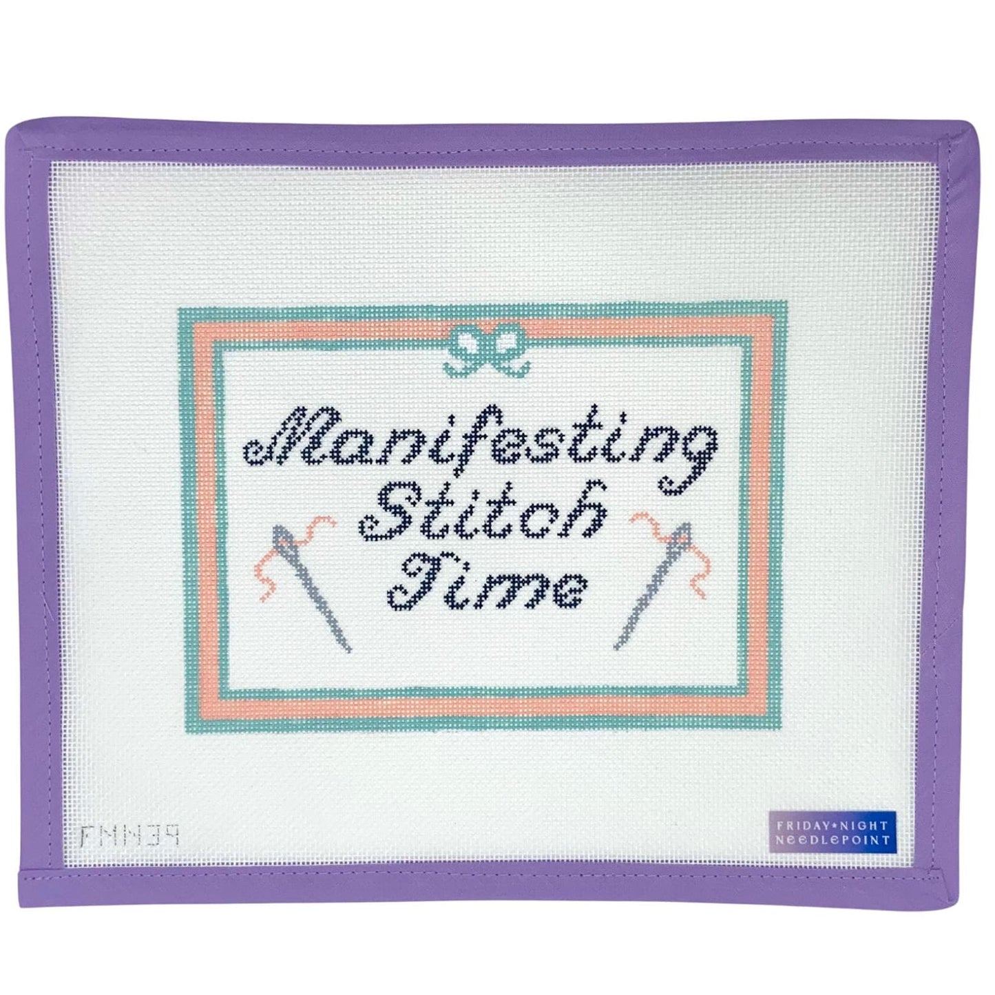 Embroidered patch needlepoint canvas with 'Manifesting Stitch Time' text and needle designs on a white background.