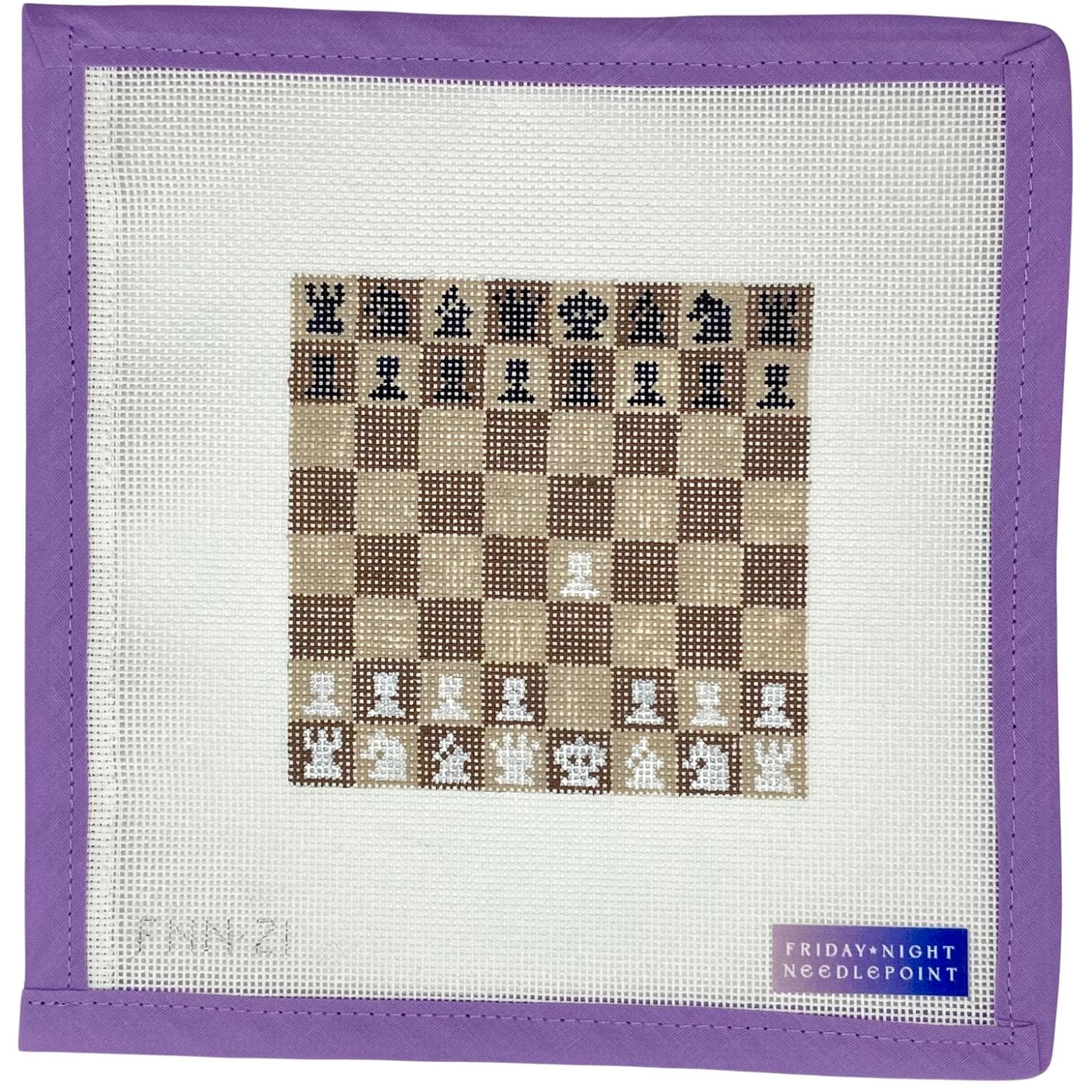 Needlepoint chess brown with queen and king pawn pieces  pattern on a mesh fabric with a purple border, featuring the brand 'Friday Night Needlepoint'.