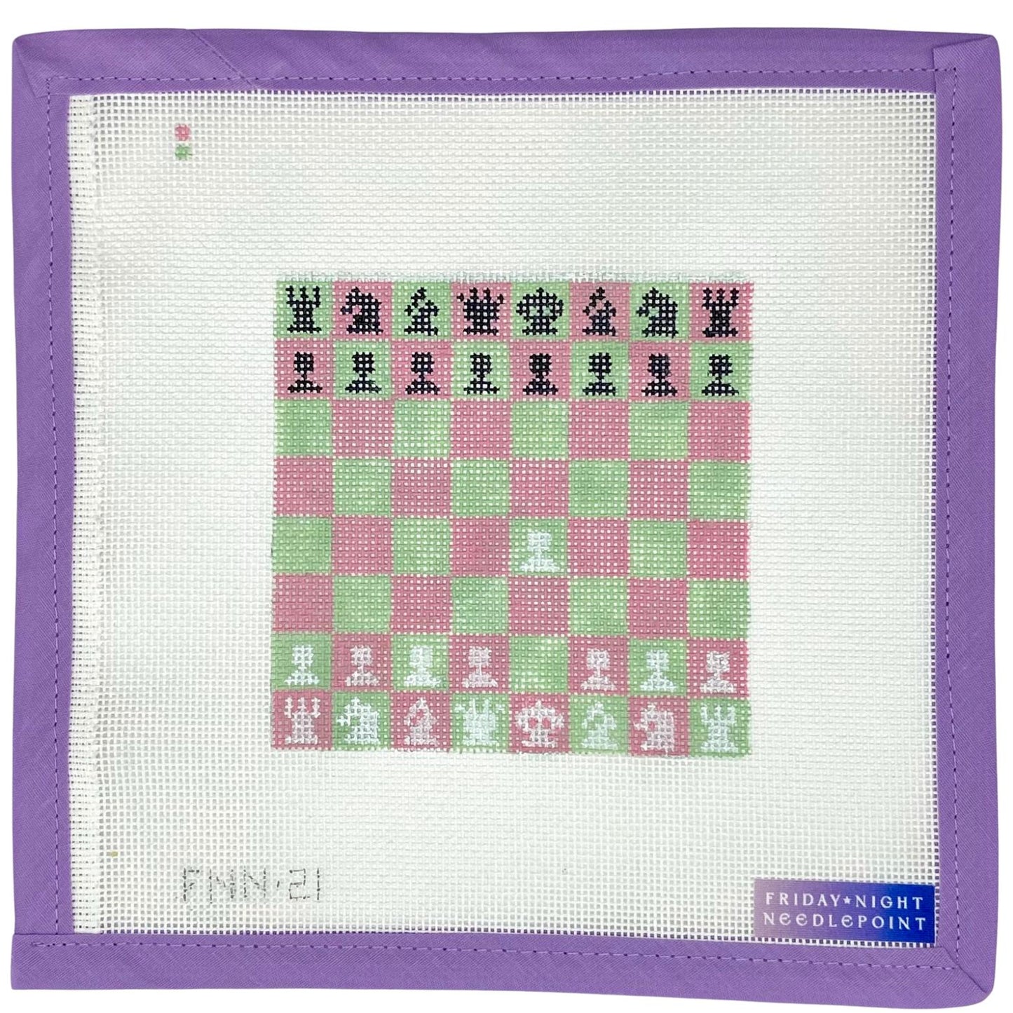 Needlepoint design chess board pink and green squares with chess pieces queen king pawn on a purple-framed fabric with 'Friday Night Needlepoint' branding