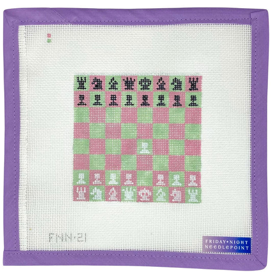 Needlepoint design chess board pink and green squares with chess pieces queen king pawn on a purple-framed fabric with 'Friday Night Needlepoint' branding