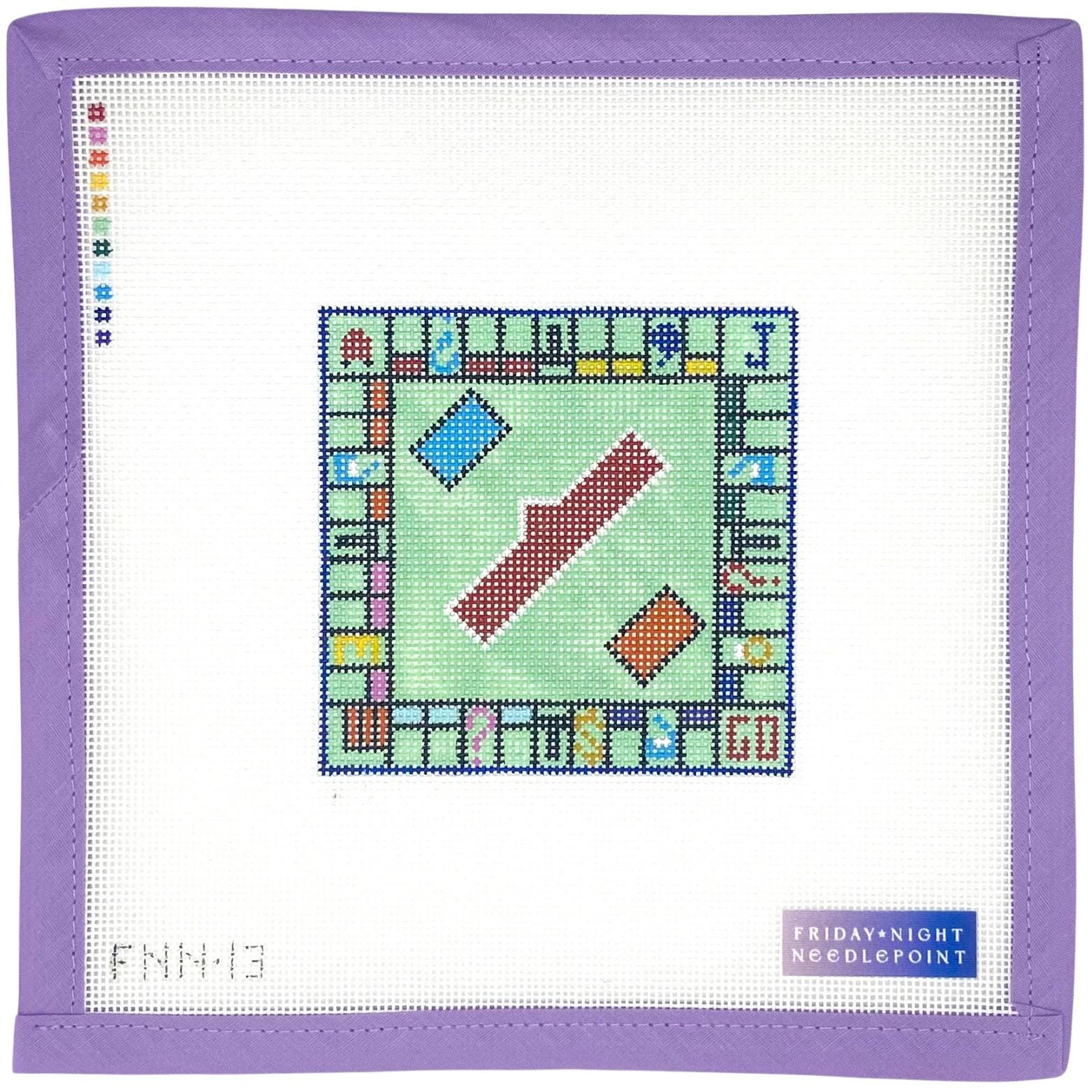 Needlepoint monopoly board game design on fabric with a purple border, featuring the brand 'Friday Night Needlepoint'.