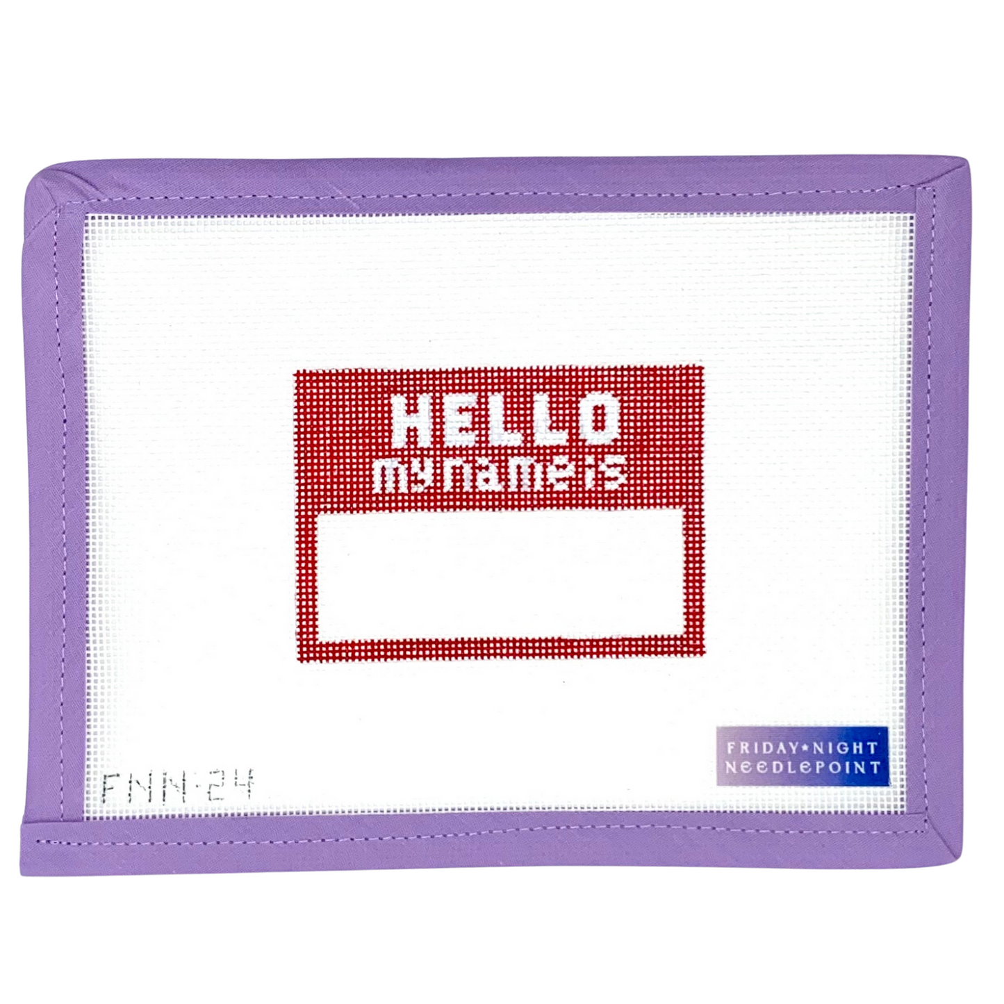 Purple name tag holder needlepoint canvas with 'Hello my name is' text and brand logo on a white background