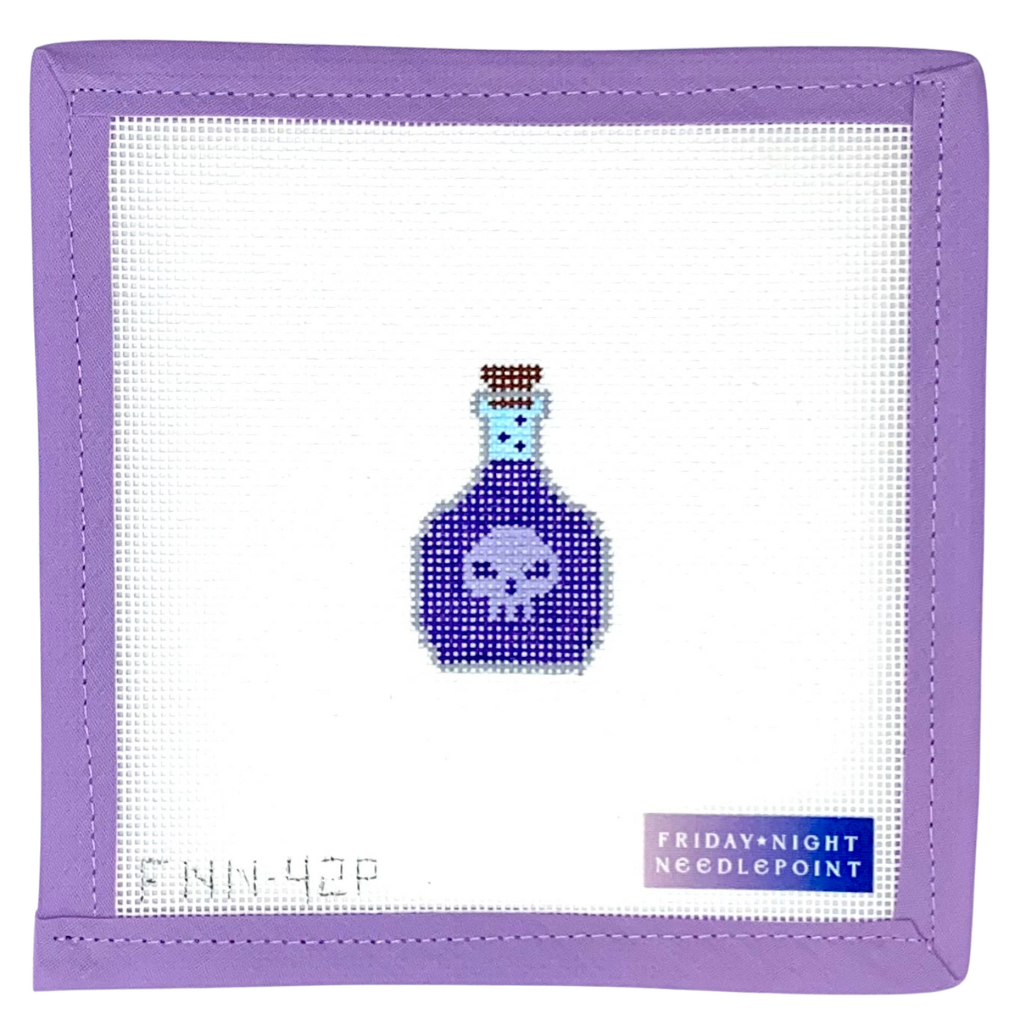 Needlepoint design of a poison potion bottle on a white canvas  purple border, featuring 'Friday Night Needlepoint' branding.