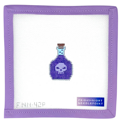Needlepoint design of a poison potion bottle on a white canvas  purple border, featuring 'Friday Night Needlepoint' branding.