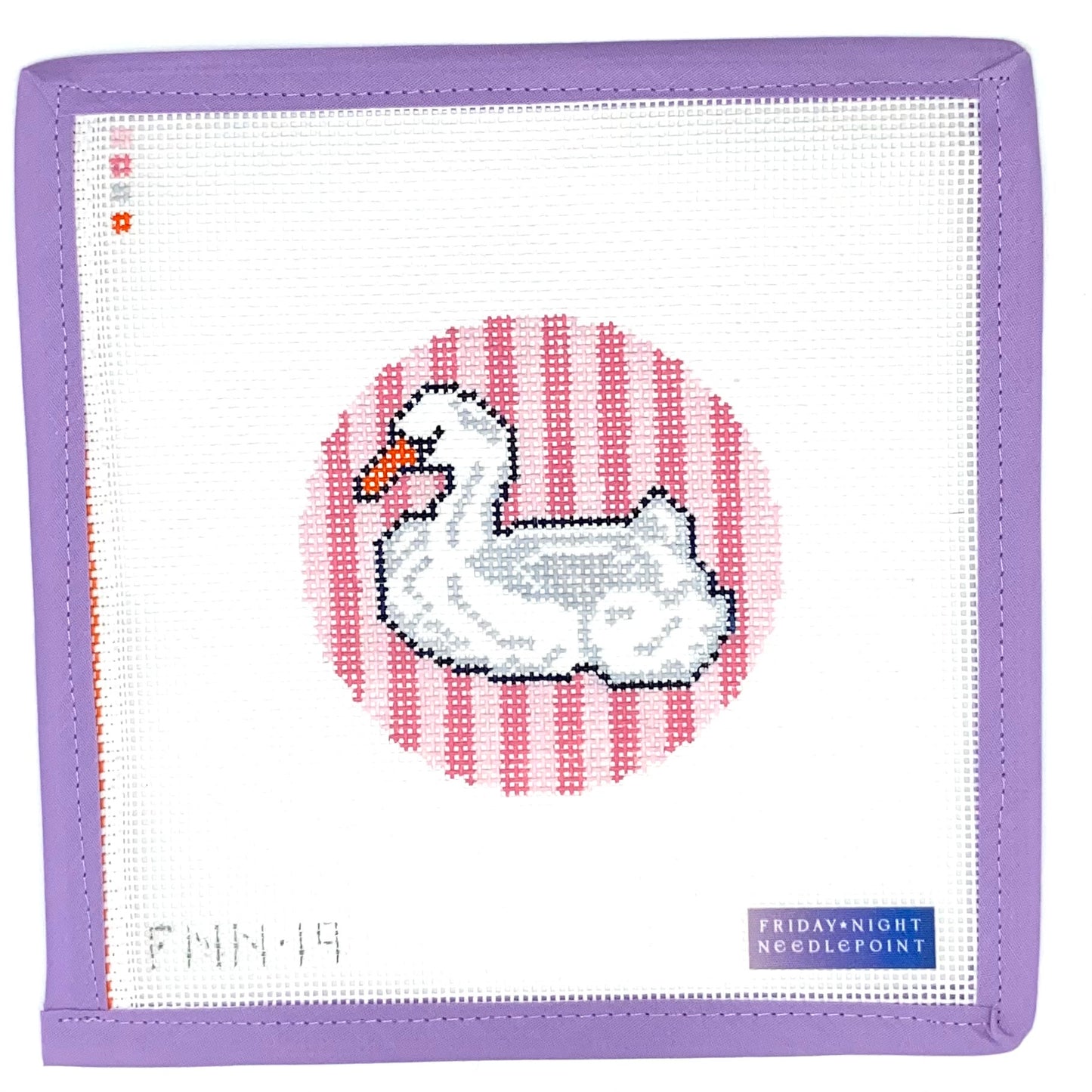 Needlepoint swan design on a purple-framed needlepoint canvas with 'Friday Night Needlepoint' branding.