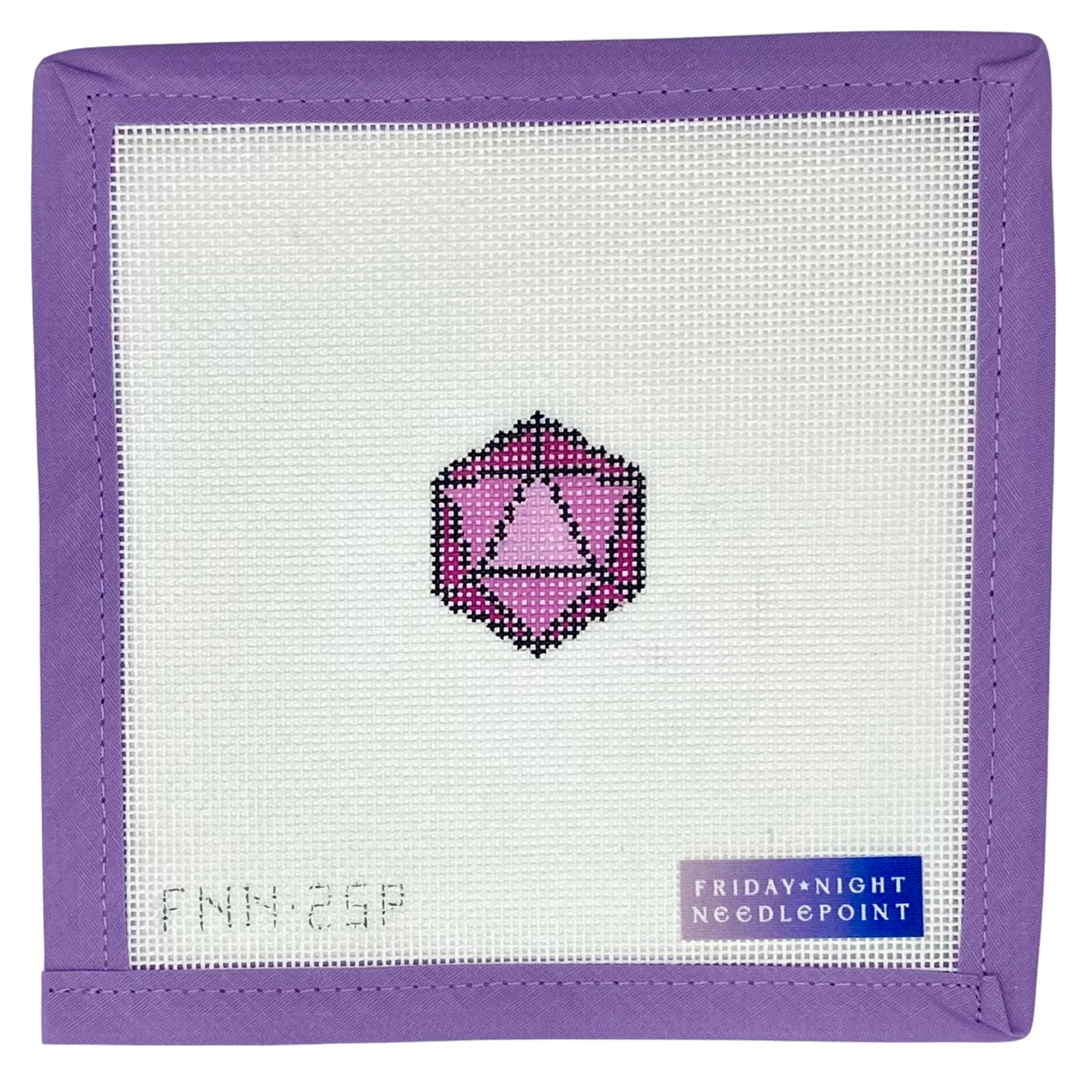 Needlepoint design with a mini D20 dice pink 20 sided on a white canvas and purple border