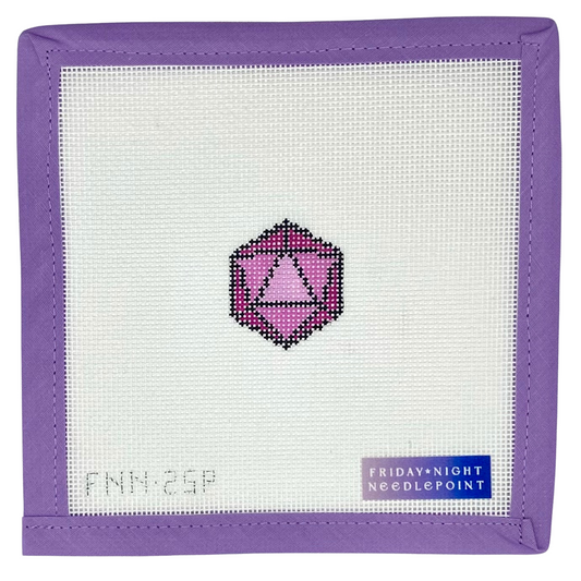 Needlepoint design with a mini D20 dice pink 20 sided on a white canvas and purple border