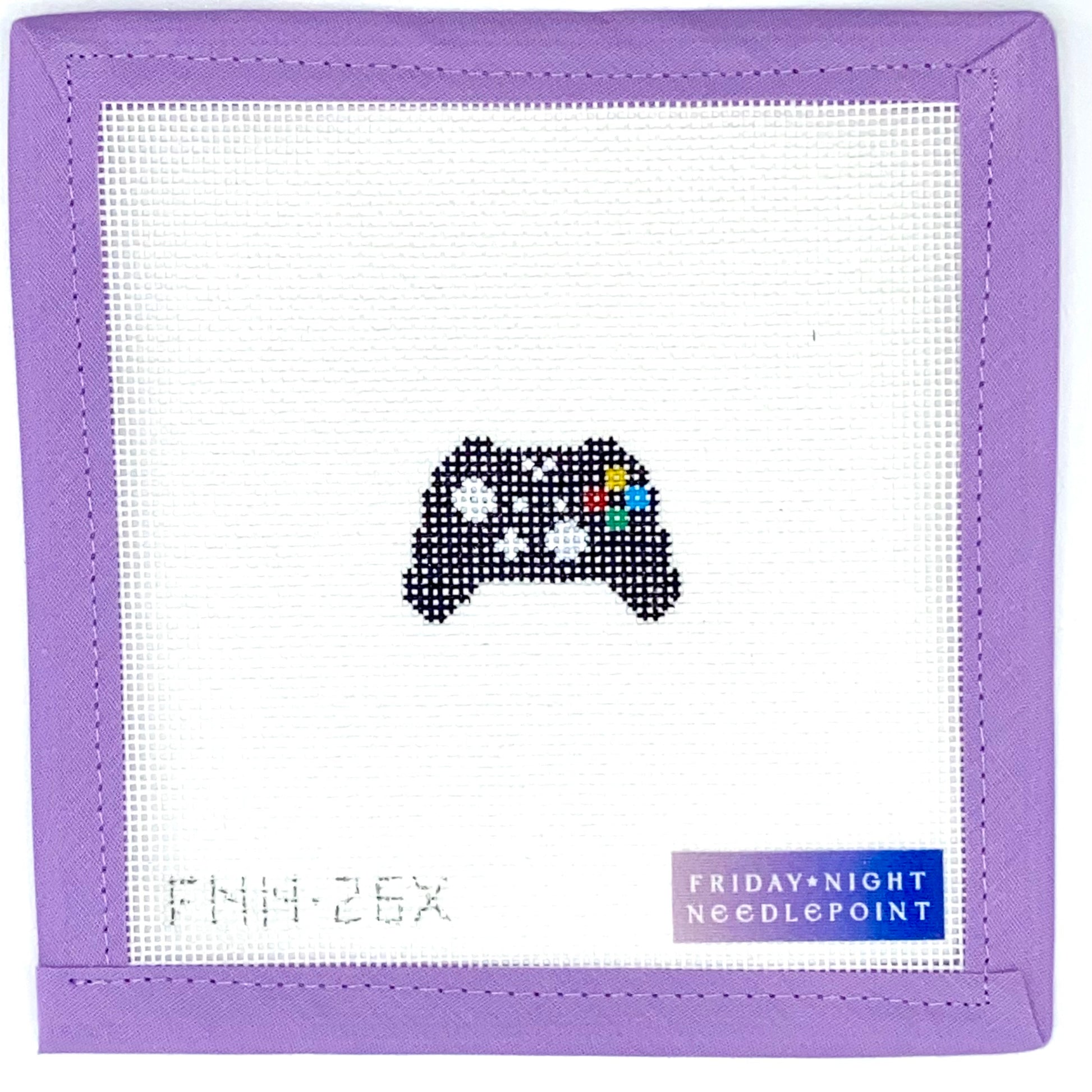 Needlepoint design of a Xbox gaming controller on a white fabric with purple border, featuring 'Friday Night Needlepoint' branding.