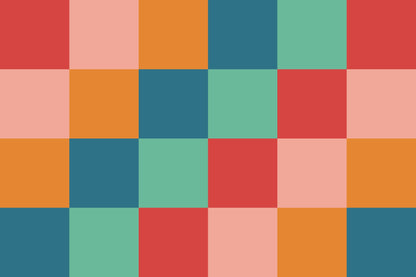 Colorful checkered pattern with squares in red, orange, green, and blue needlepoint canvas
