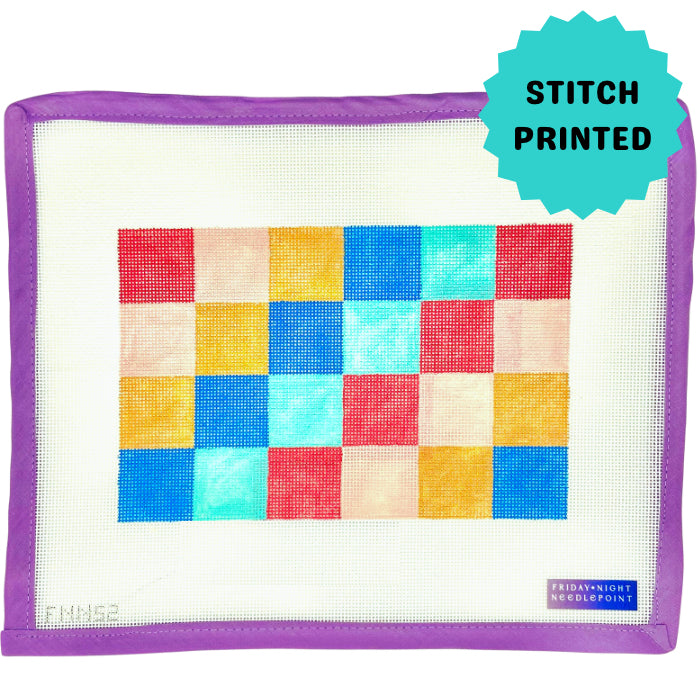 Patchwork square design on a purple border needlepoint canvas