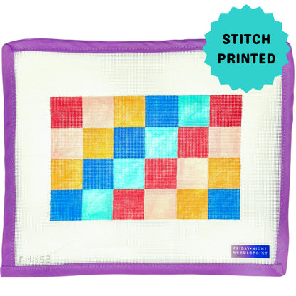 Patchwork square design on a purple border needlepoint canvas