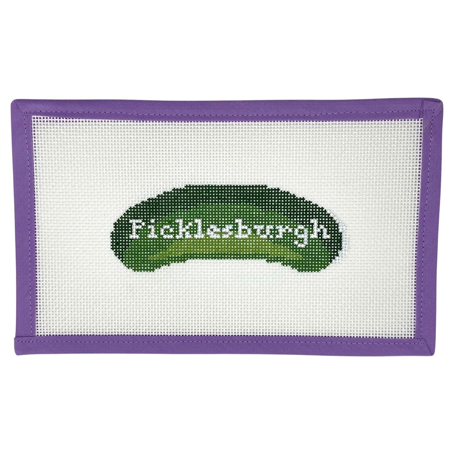 Needlepoint canvas with pickle design and 'Picklesburgh' text on a white background funny saying Pittsburgh
