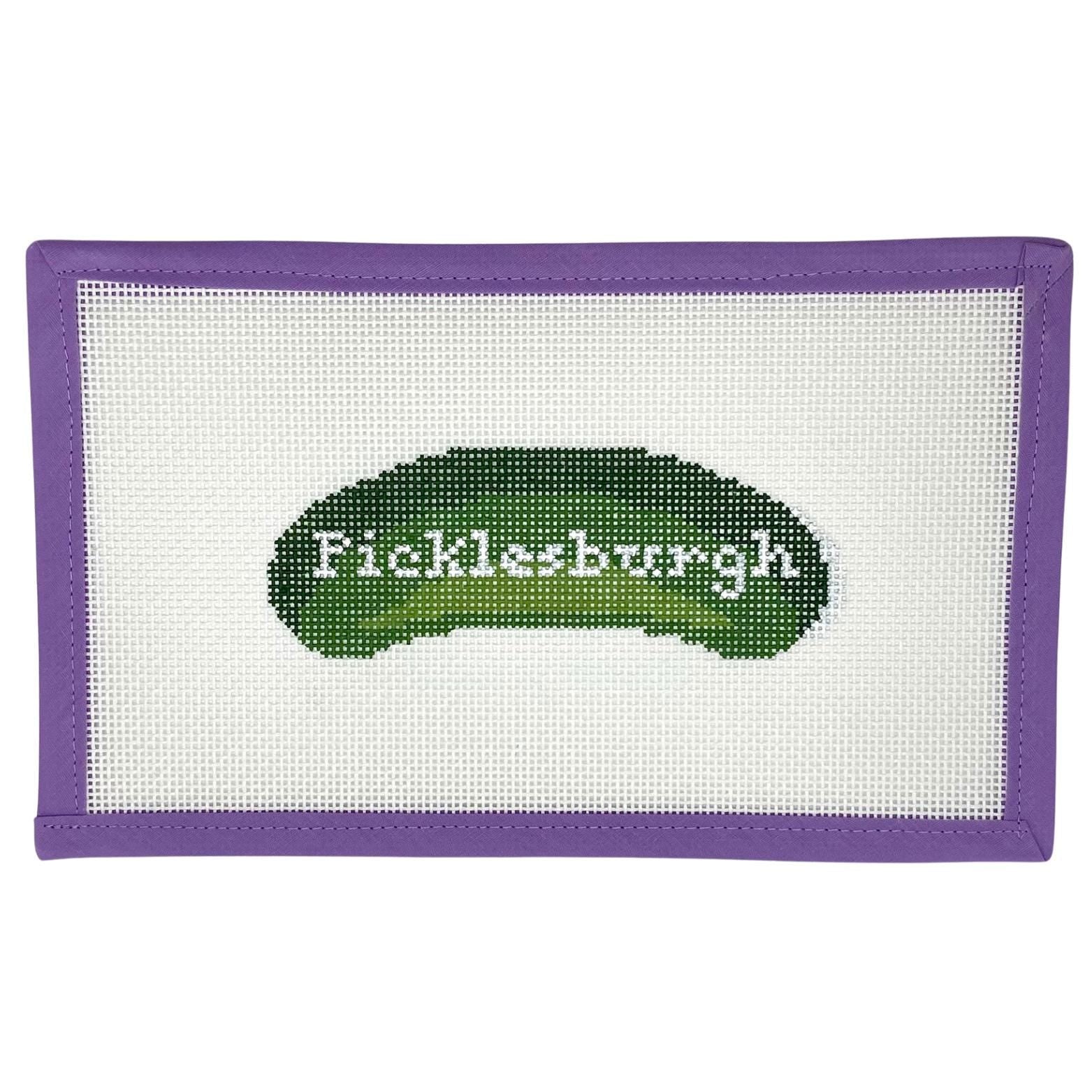 Needlepoint canvas with pickle design and 'Picklesburgh' text on a white background funny saying Pittsburgh