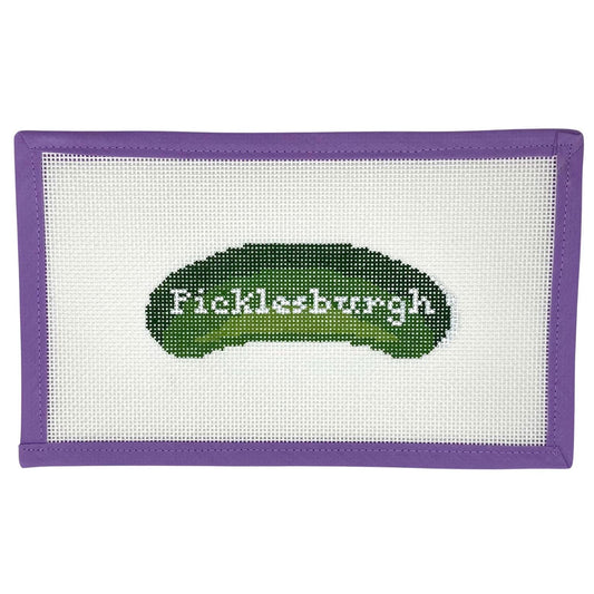 Needlepoint canvas with pickle design and 'Picklesburgh' text on a white background funny saying Pittsburgh