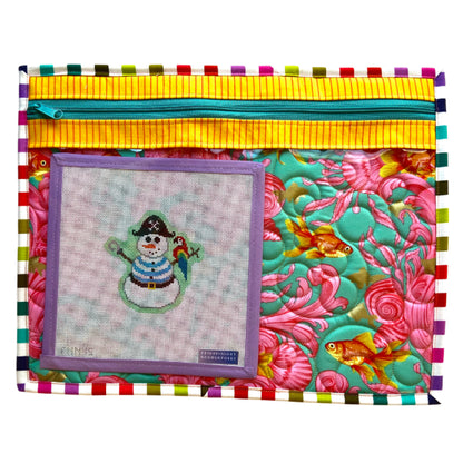 Colorful fabric pouch with a snowman design and floral pattern needlepoint project bag fish bowl quilted bubbles