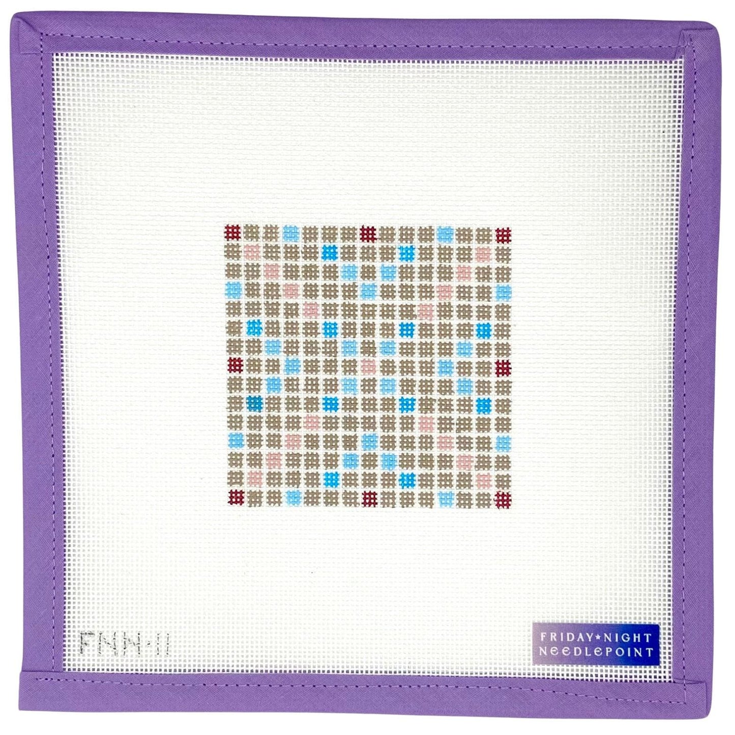 Needlepoint scrabble board game pattern on a mesh fabric with purple border and 'Friday Night Needlepoint' branding.