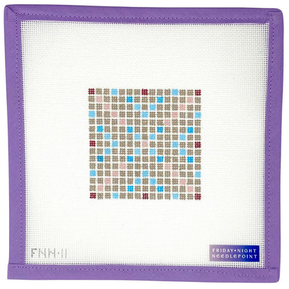 Needlepoint scrabble board game pattern on a mesh fabric with purple border and 'Friday Night Needlepoint' branding.