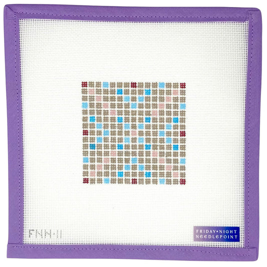 Needlepoint scrabble board game pattern on a mesh fabric with purple border and 'Friday Night Needlepoint' branding.