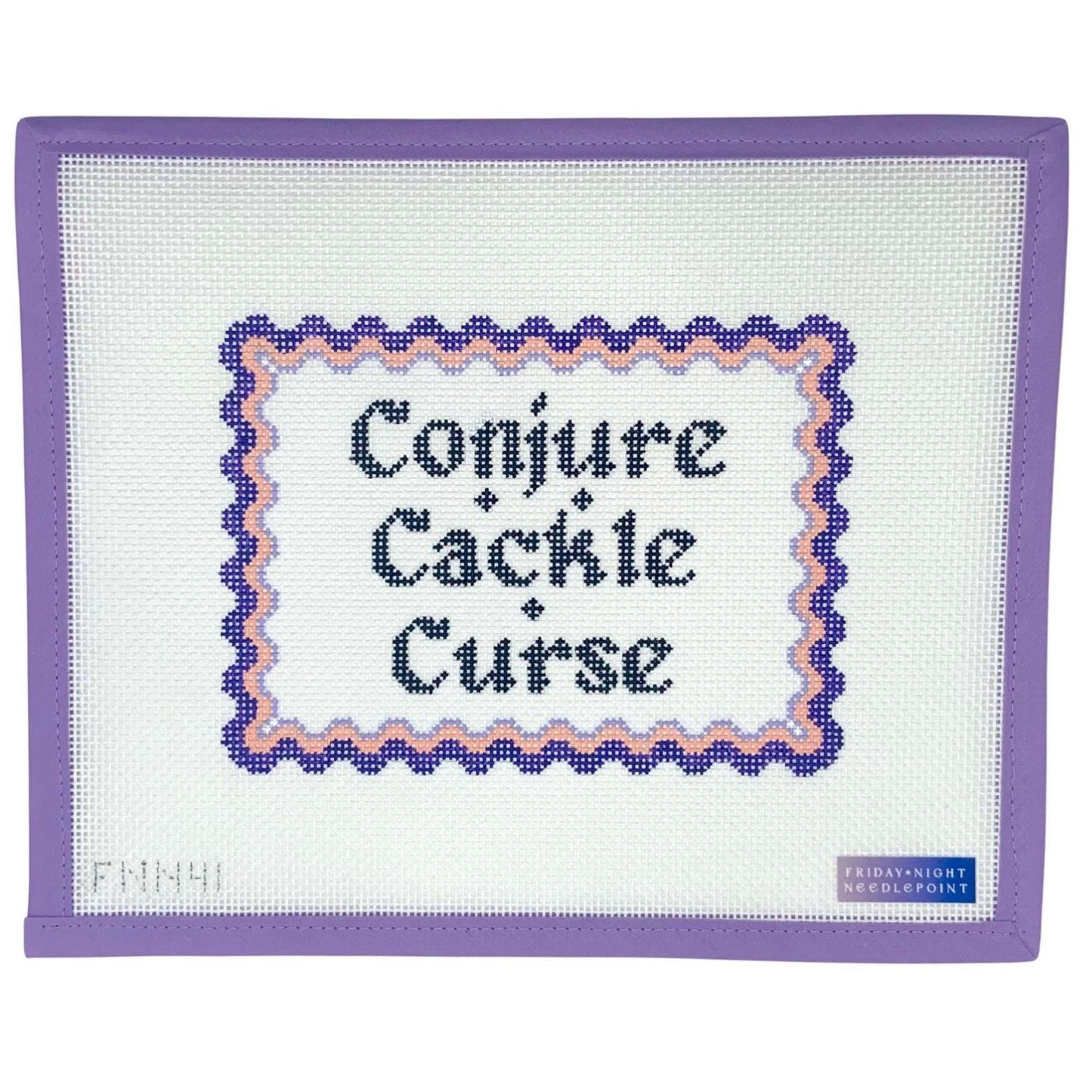 Needlepoint canvas design sampler with 'Conjure Cackle Curse' text on a white background with purple border.