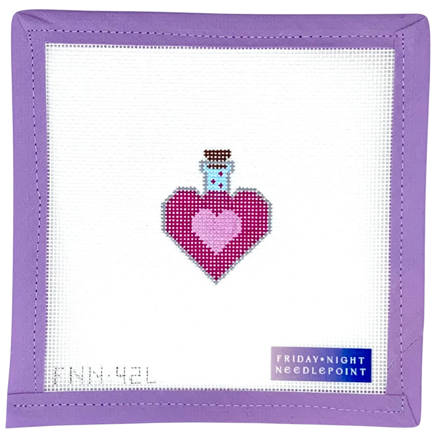 Needlepoint design of a love potion bottle on a white canvas  purple border, featuring 'Friday Night Needlepoint' branding.