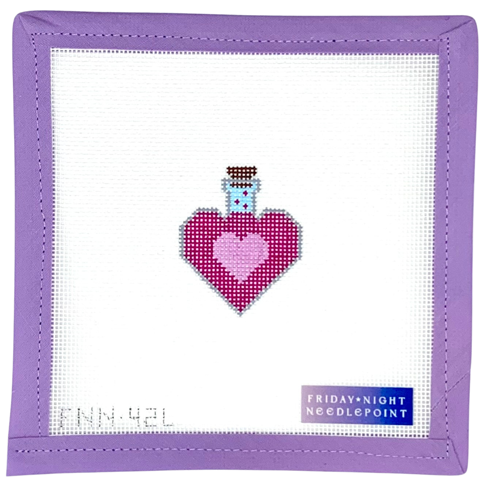 Needlepoint design of a love potion bottle on a white canvas  purple border, featuring 'Friday Night Needlepoint' branding.