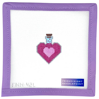 Needlepoint design of a love potion bottle on a white canvas  purple border, featuring 'Friday Night Needlepoint' branding.
