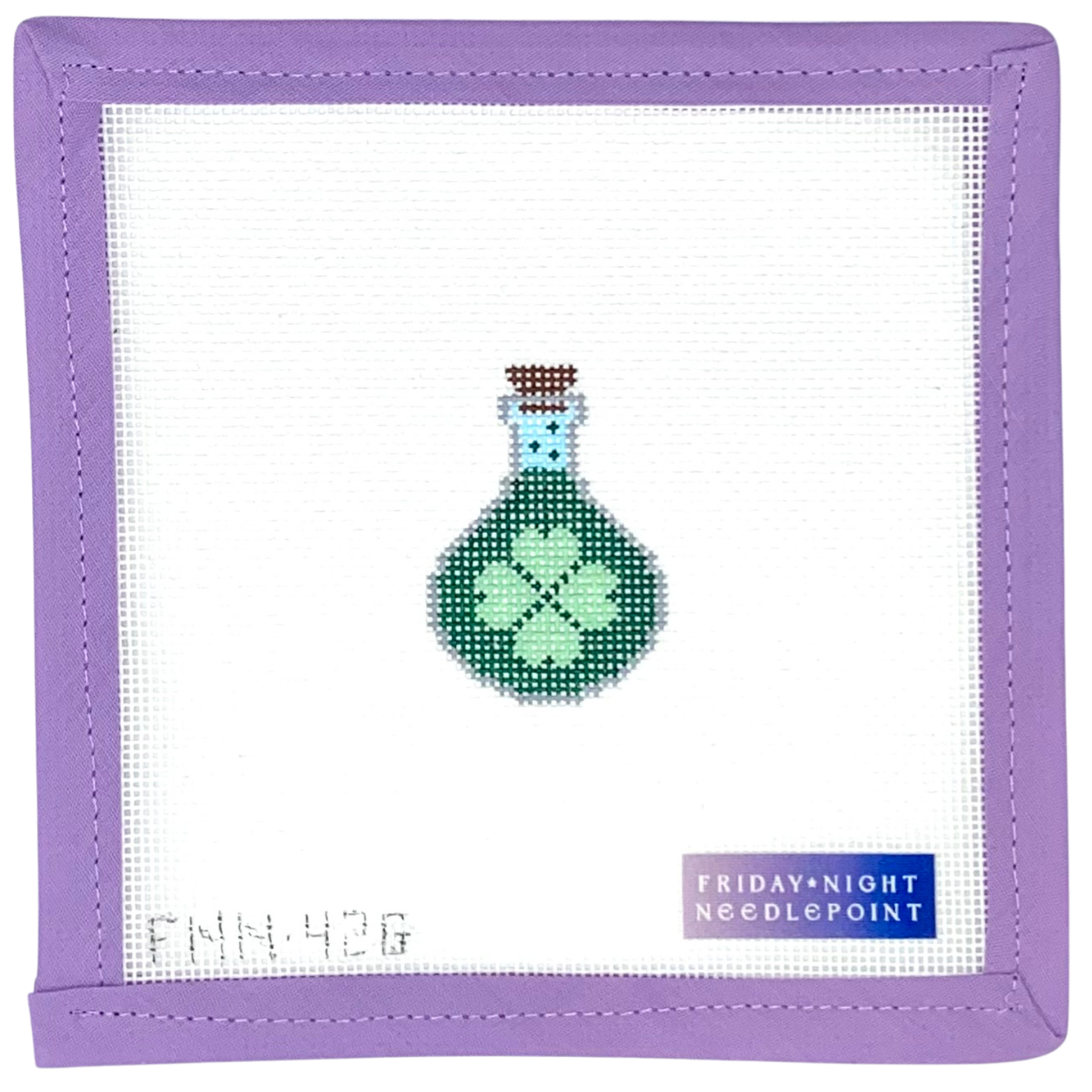 Needlepoint design of a lucky luck potion bottle on a white canvas  purple border, featuring 'Friday Night Needlepoint' branding.