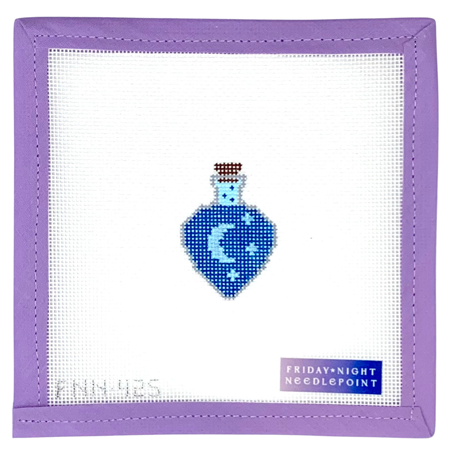 Needlepoint design of a sleepy sleep potion bottle on a white canvas  purple border, featuring 'Friday Night Needlepoint' branding.