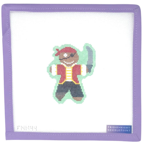 Needlepoint canvas with a gingerbread man pirate design on a purple border, featuring the Friday Night Needlepoint brand.