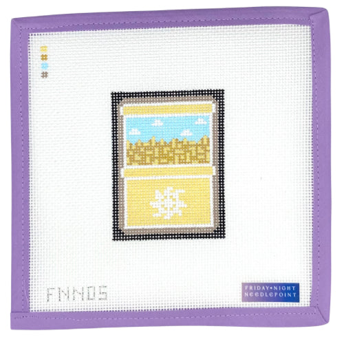 Needlepoint canvas featuring magic the gathering plains land card symbol with purple border