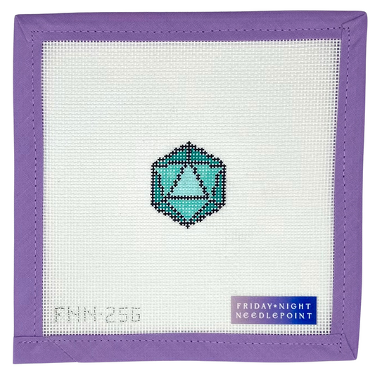 Needlepoint design with a mini D20 green dice 20 sided on a white canvas and purple border