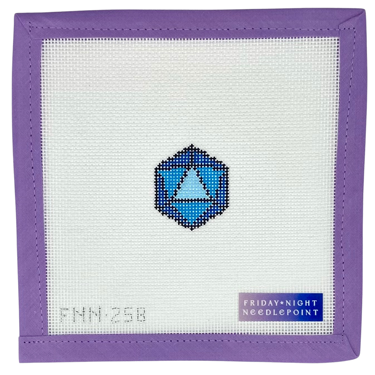 Needlepoint design with a mini D20 blue dice 20 sided on a white canvas and purple border