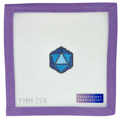 Needlepoint design with a mini D20 blue dice 20 sided on a white canvas and purple border