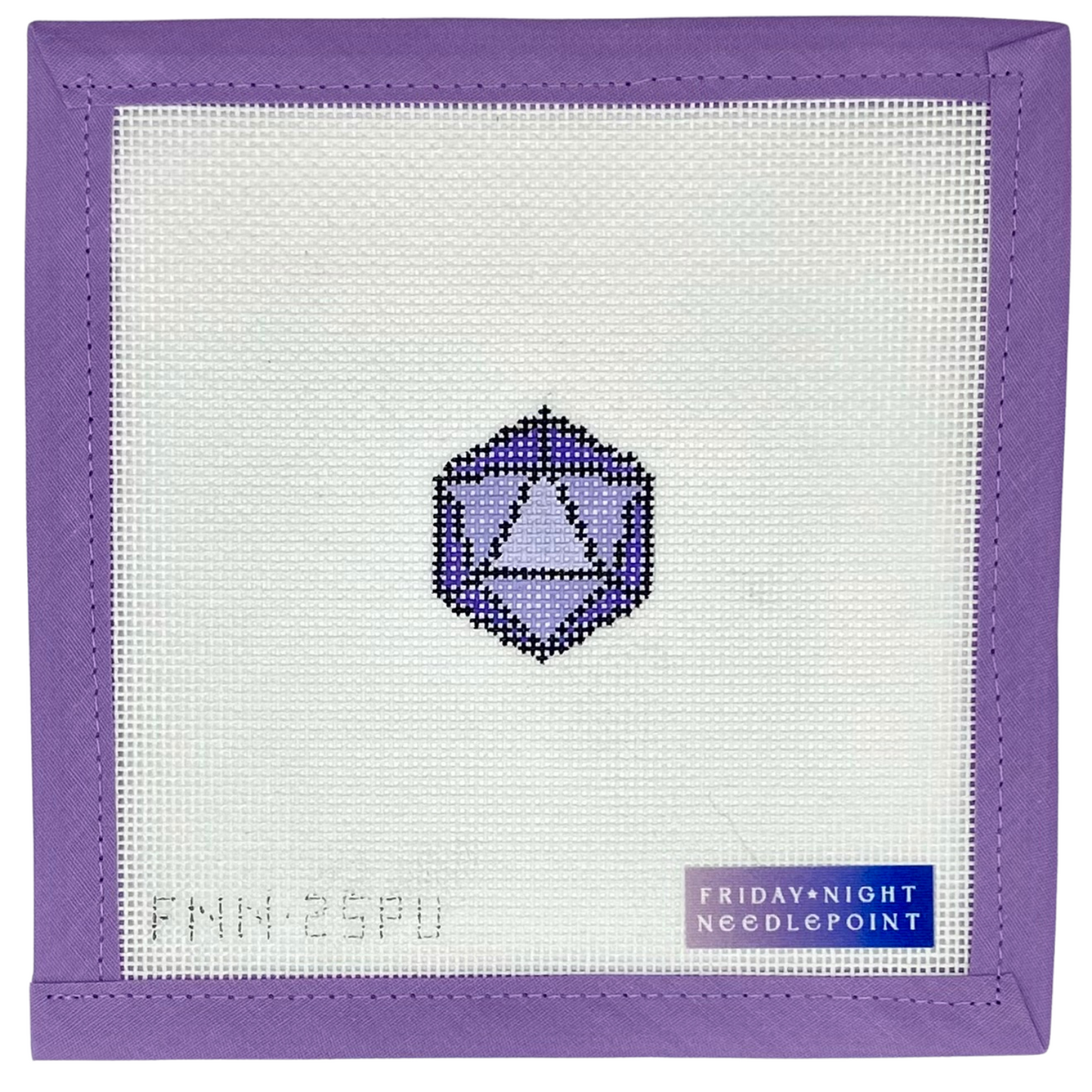 Needlepoint design with a mini D20 purple dice 20 sided on a white canvas and purple border