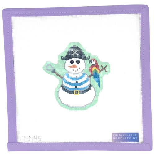 Pirate-themed snowman design on a needlepoint canvas with a purple border.