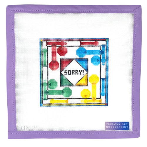 needlepoint 'Sorry!' board game design on a white background with a purple border, featuring colorful game pieces.