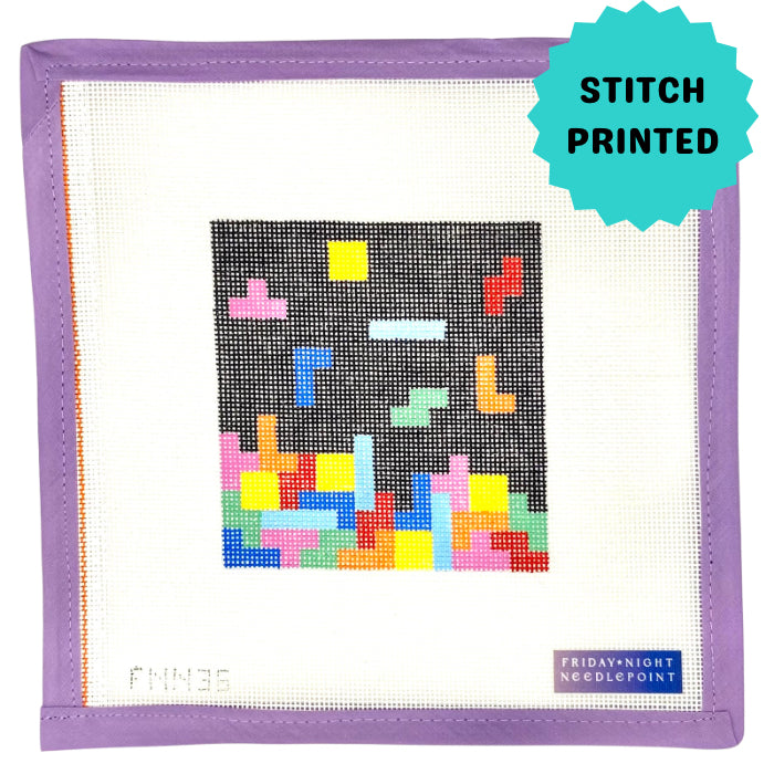 Needlepoint design of a colorful block Tetris on a black background puzzle on a grid with a purple border
