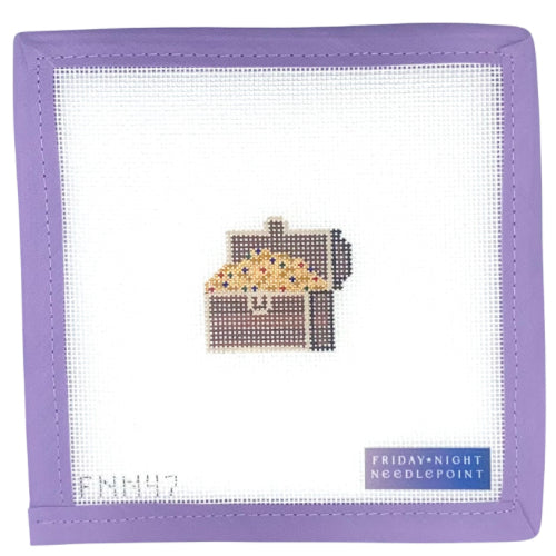 needlepoint design of a pirate treasure chest on a grid with a purple border, featuring 'Friday Night Needlepoint' branding.